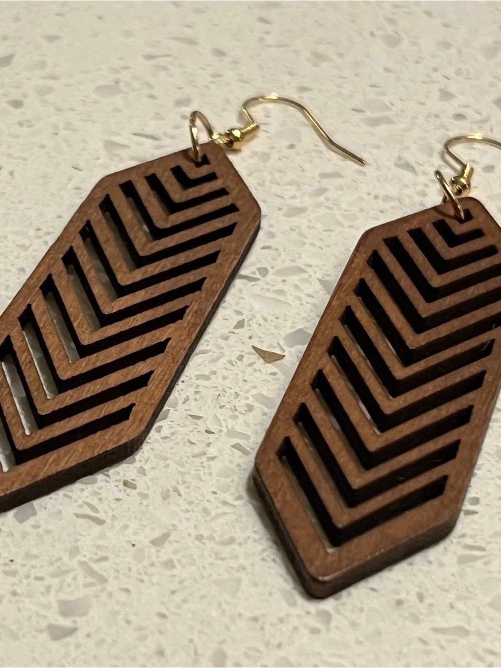 Brown Hollow Hexagon Striped Dangle Wooden Earrings, Minimalist & Casual